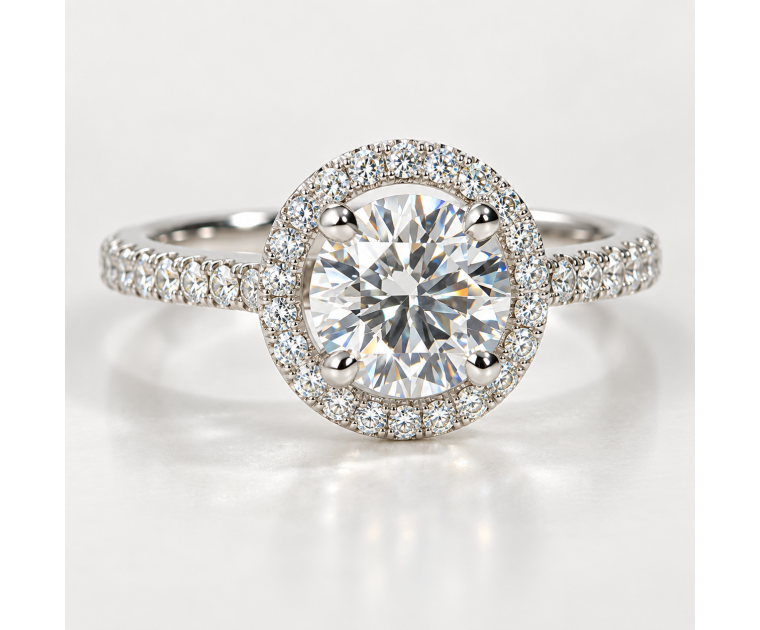 The Queen Diamond 1,00 ct Natural Zentraldiamant + 0,30 ct Haloring in Weissgold - sofort verfügbar