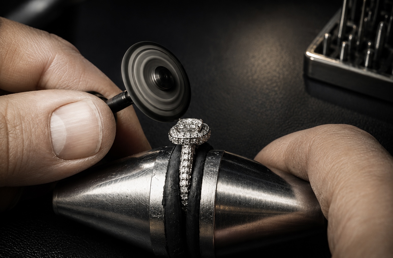 Politur und finaler Schliff eines Diamantrings